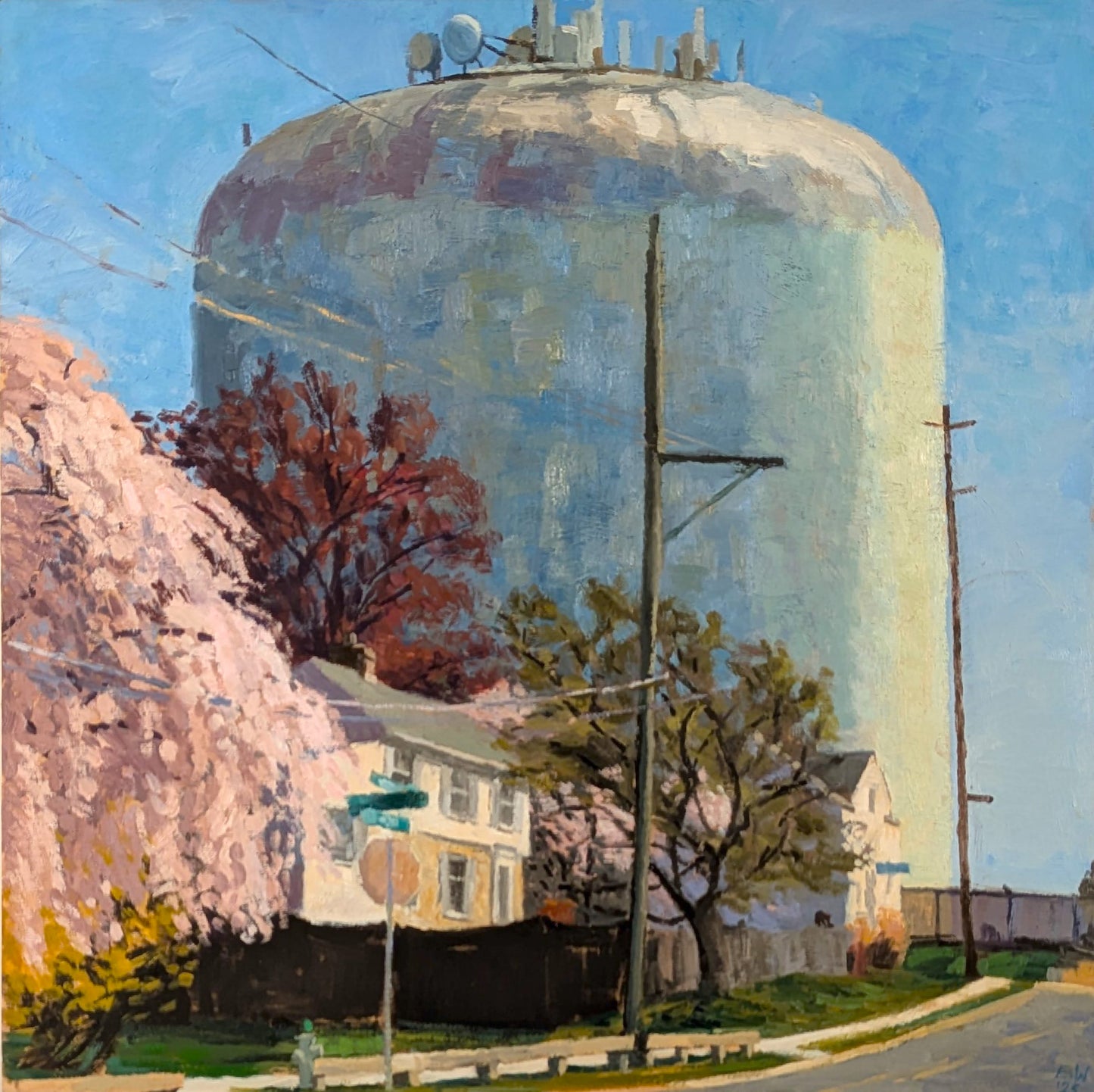 Watertower with Cherry Trees