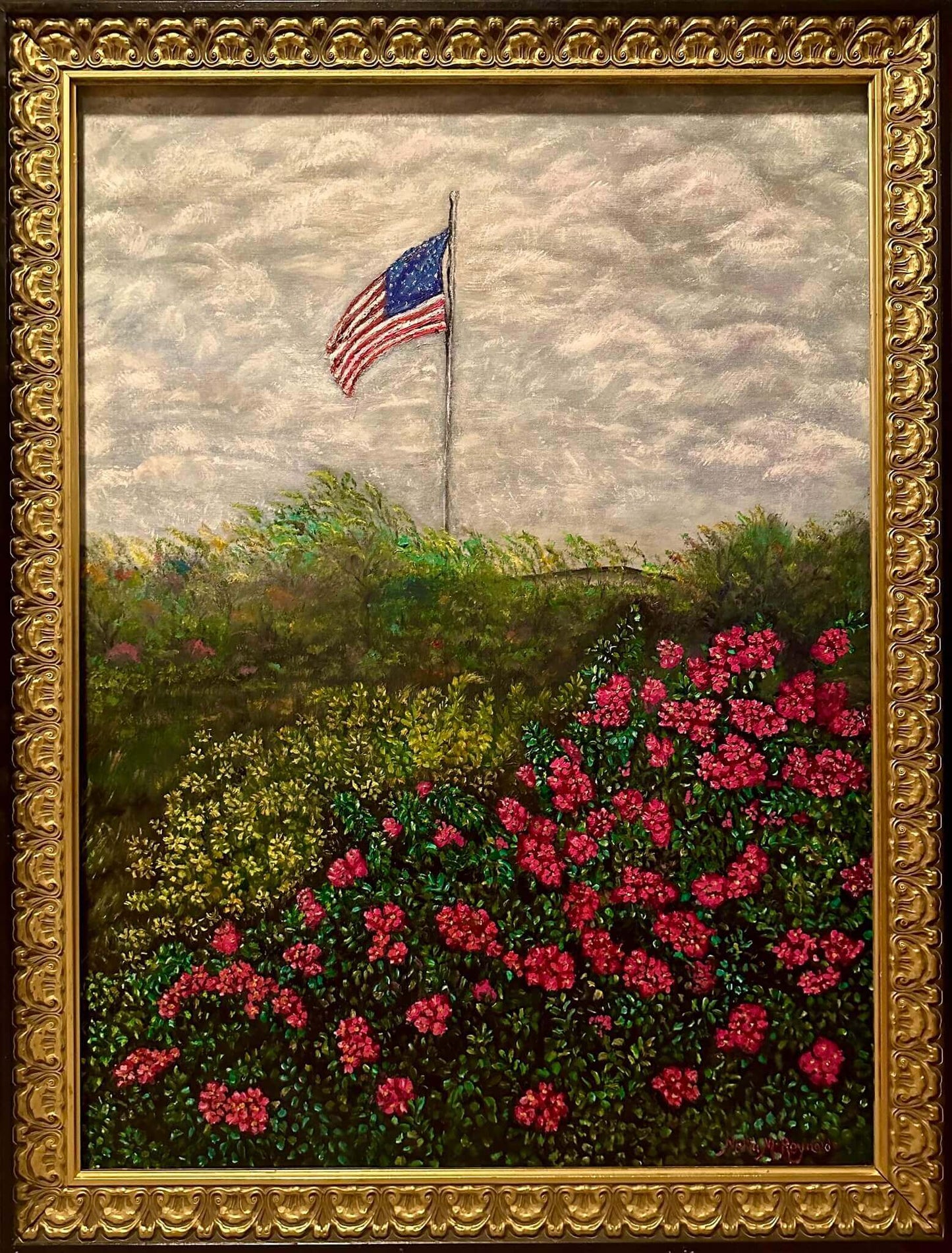 An American flag shown blowing in the wind