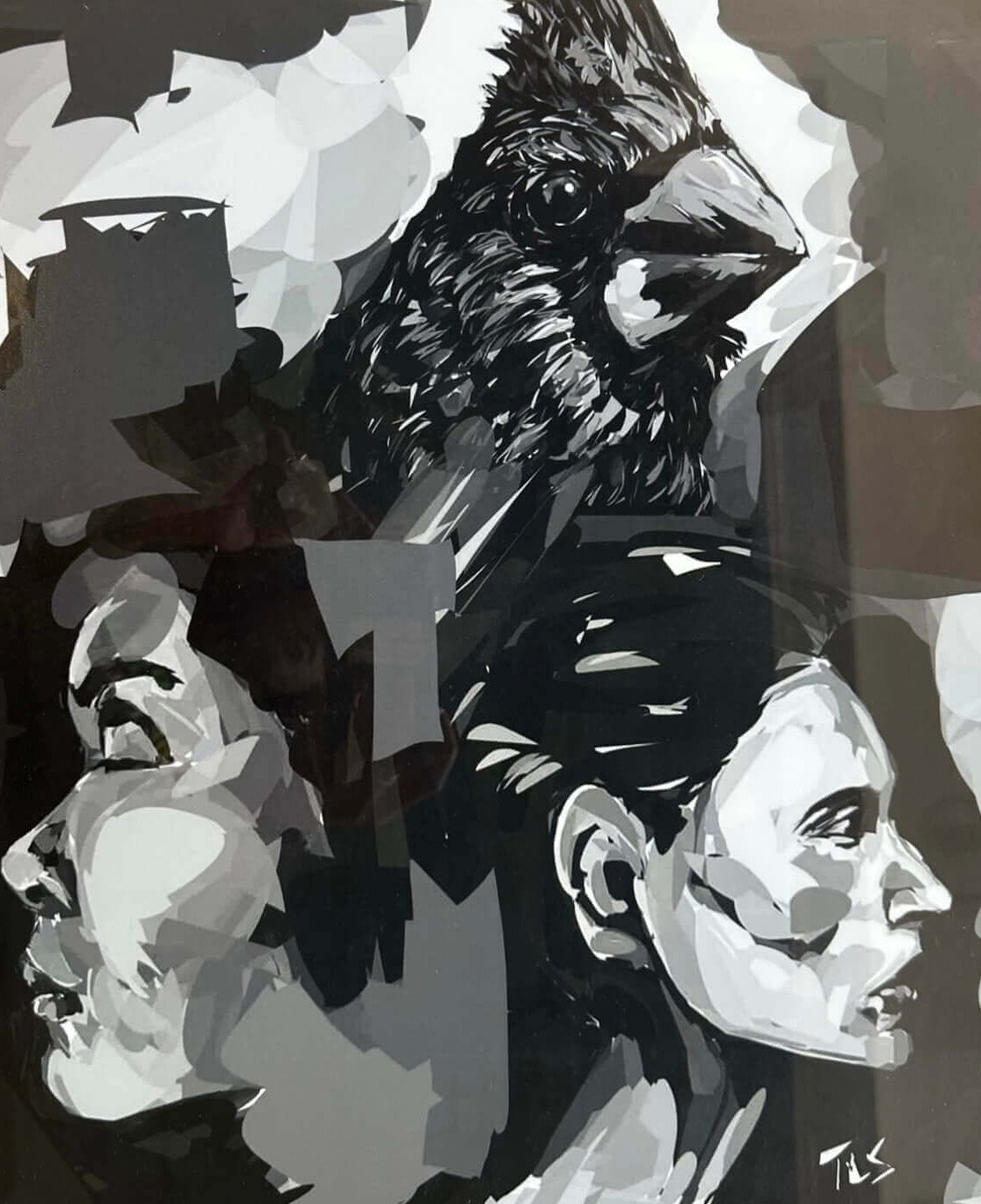 two face staring in opposite directions and a bird overtop of them