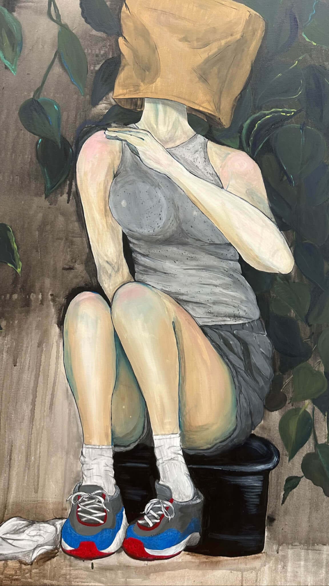 Acrylic painting of a woman sitting on a bucket with a bag on her head