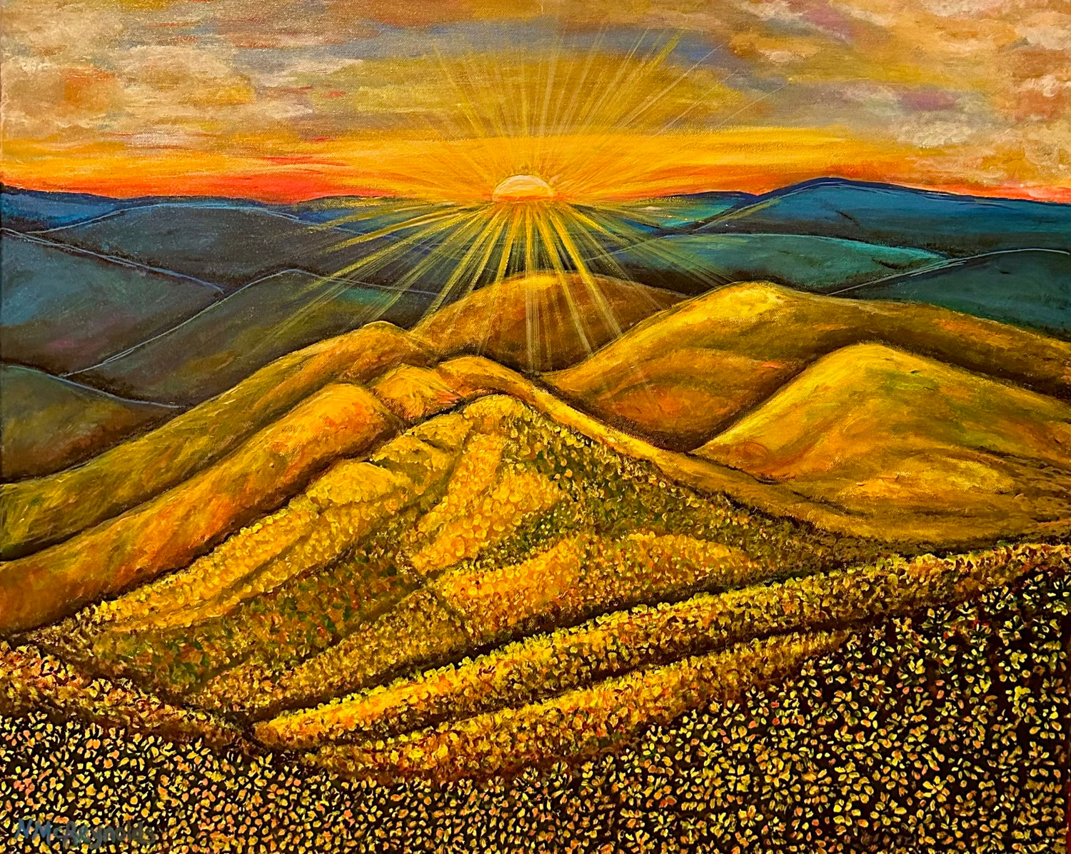 A acrylic painting of the sunrise over a meadow