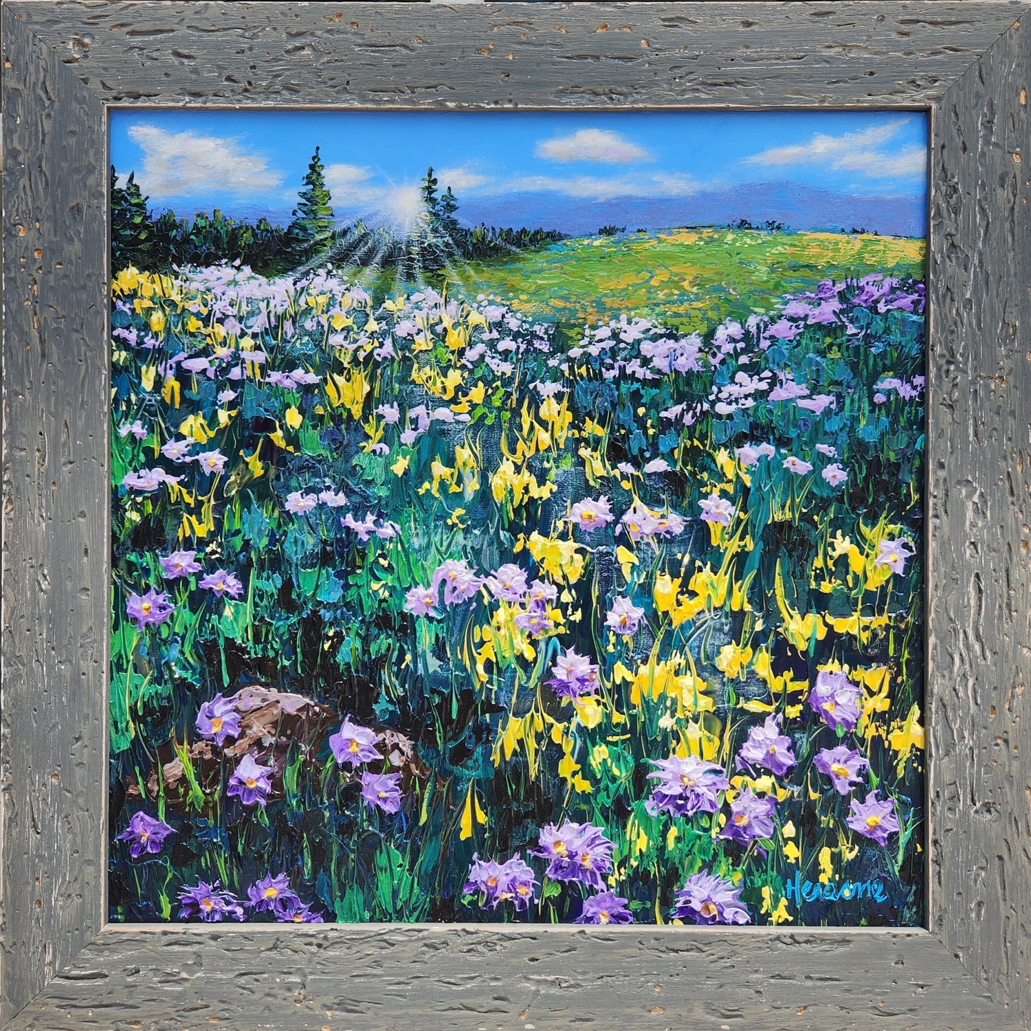 Acrylic painting of a sunrise over a meadow of flowers 