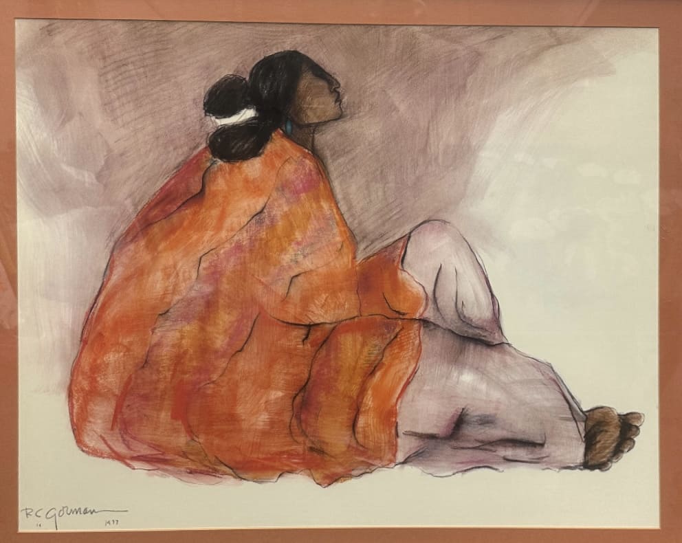 Woman with Orange Stripped Blanket By R.C. Gorman