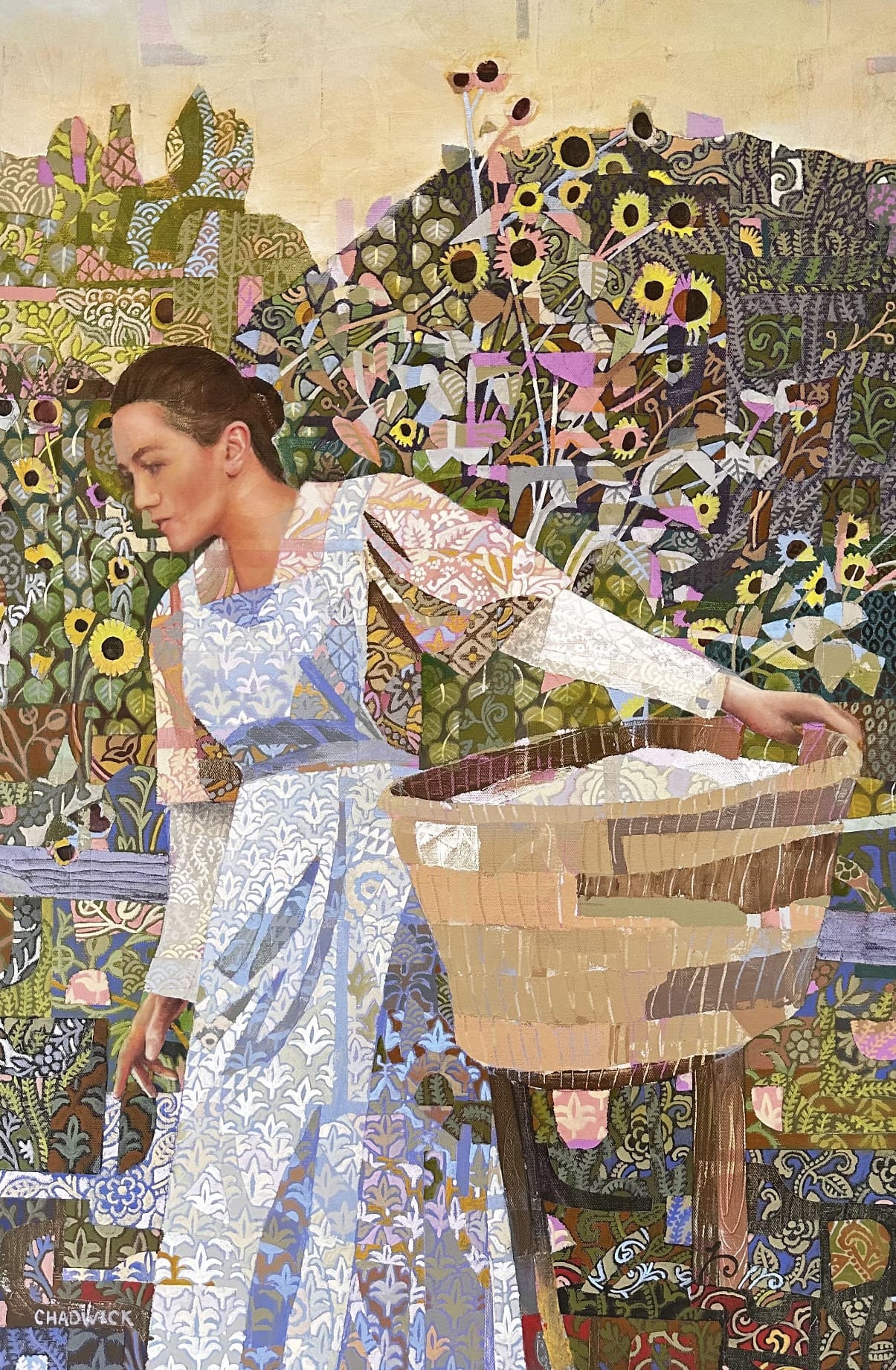 A women working in a garden of sunflowers 