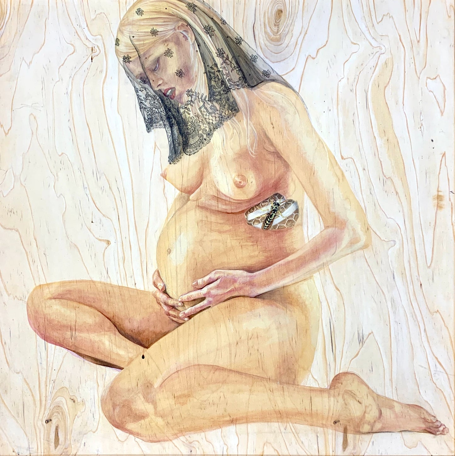 Acrylic piece of a woman sitting naked on the ground