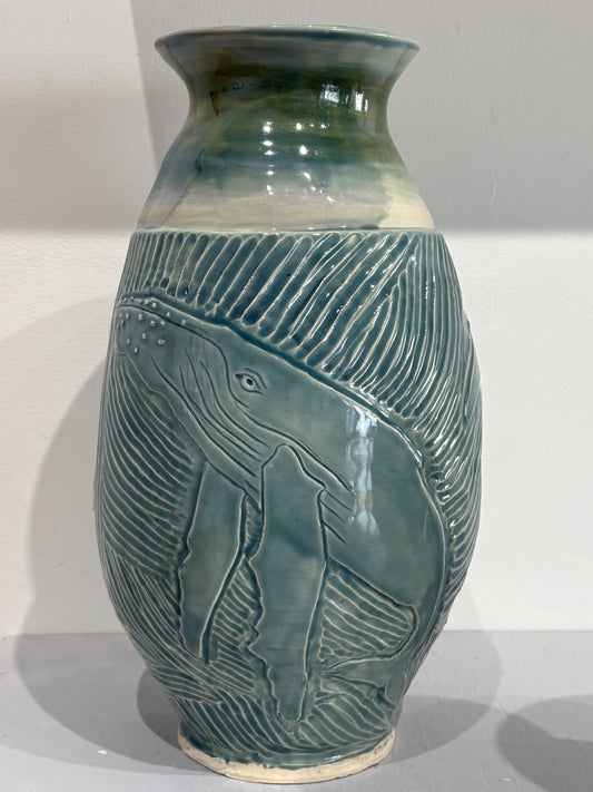 Carved Teal Whale Vase