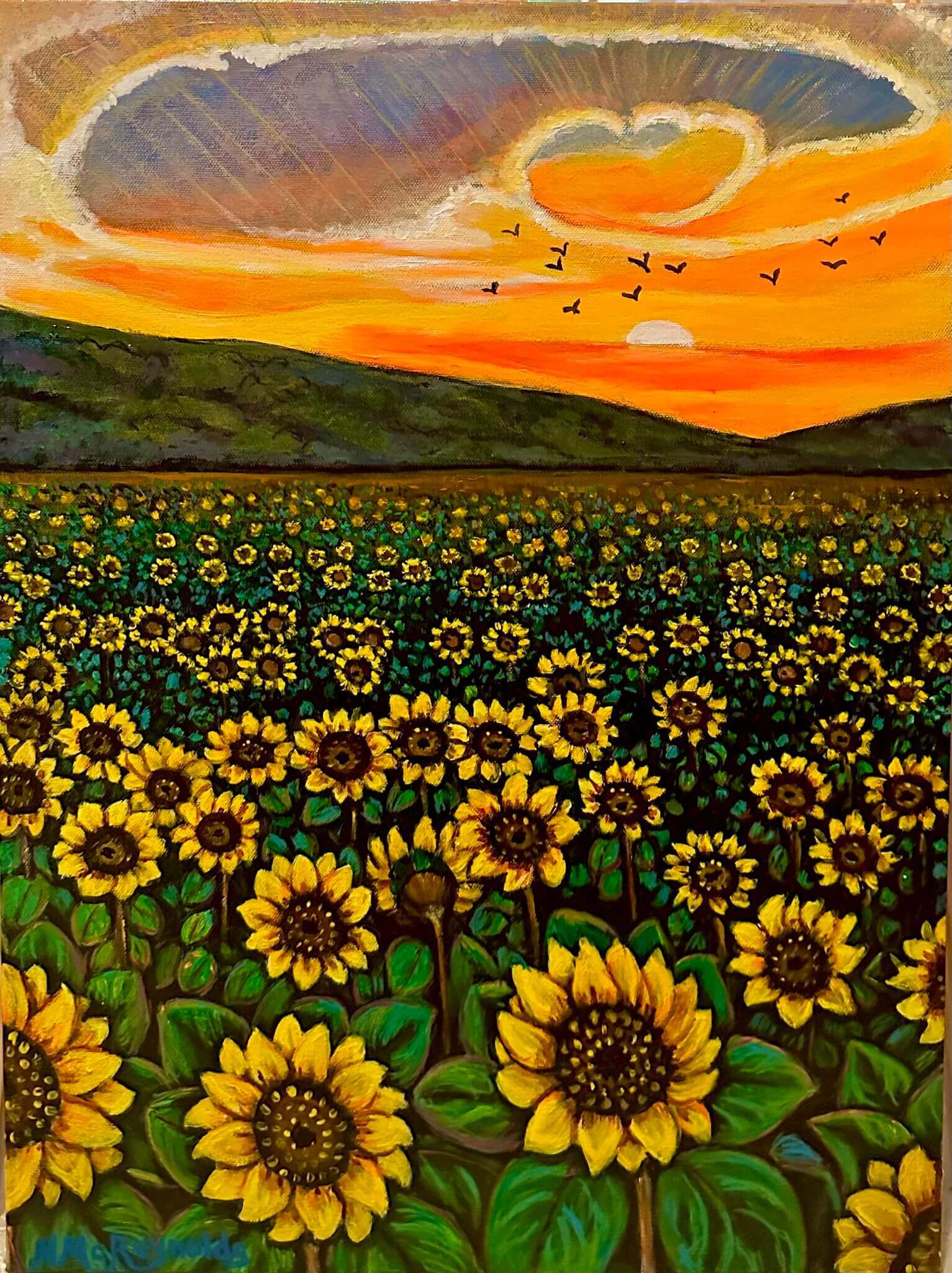 A meadow of sunflowers painted by a sunrise