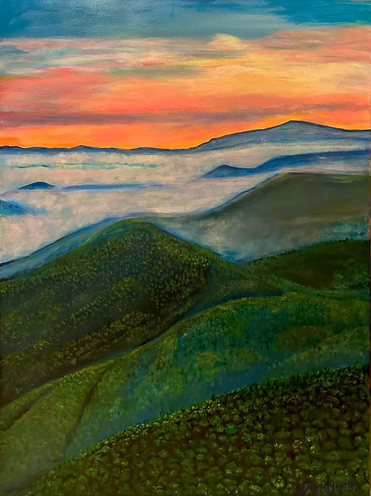 acrylic painting of a sunset over the mountains