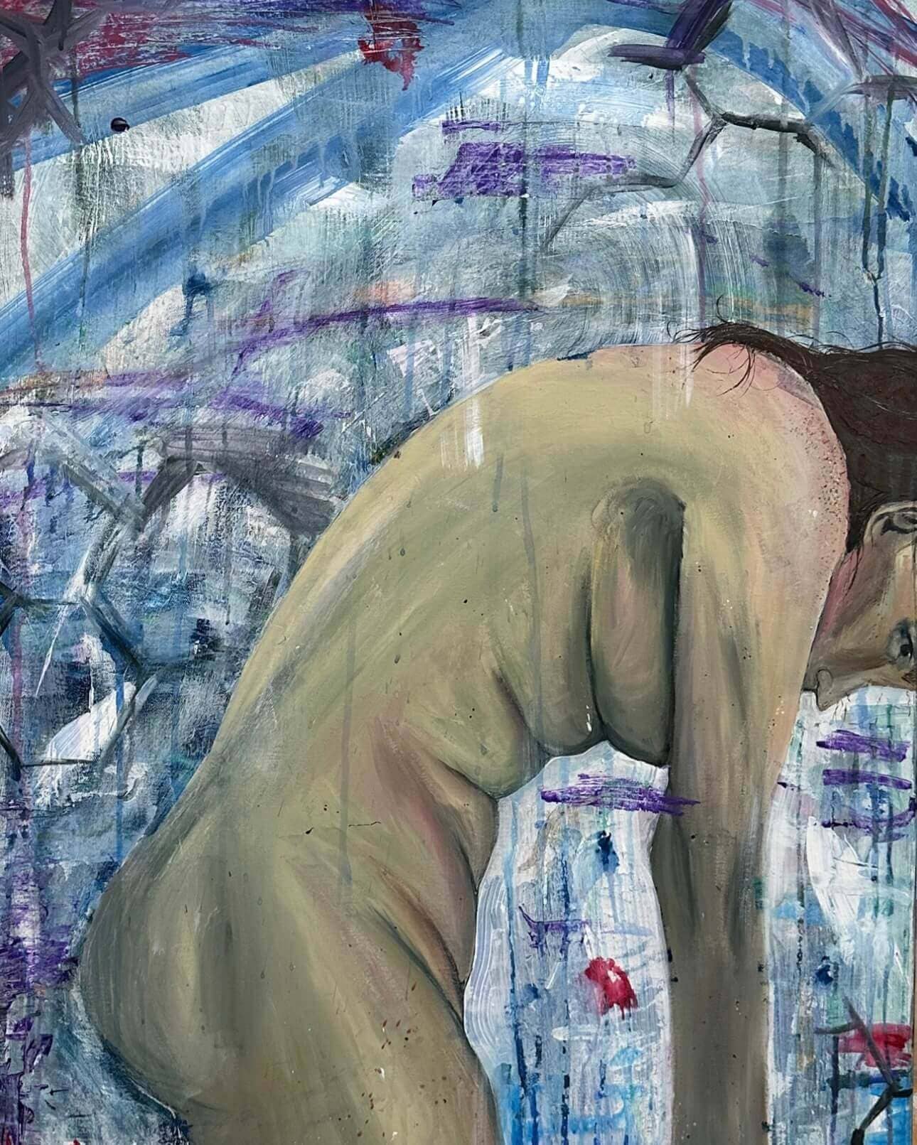 A painting of a girl hunched over in sadness