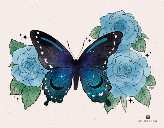 A blue butterfly with blue roses