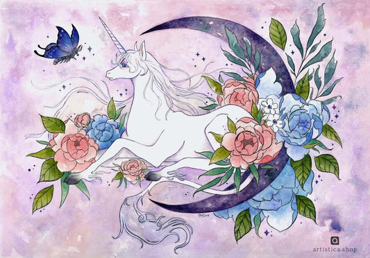 A mystical unicorn prancing by a half crescent moon