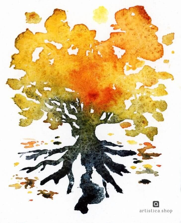 Watercolor print color of a autumn tree