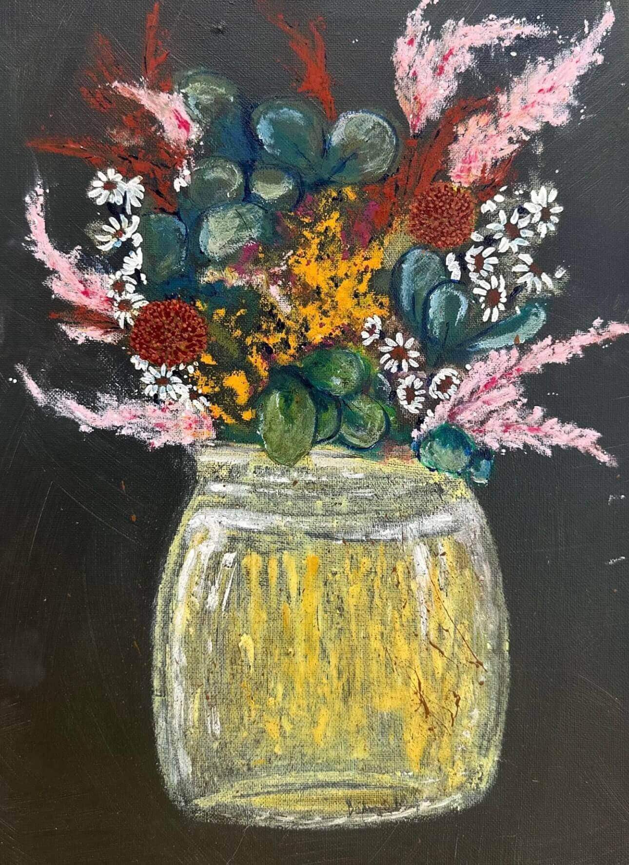 A acrylic painting of flowers in a mason jar