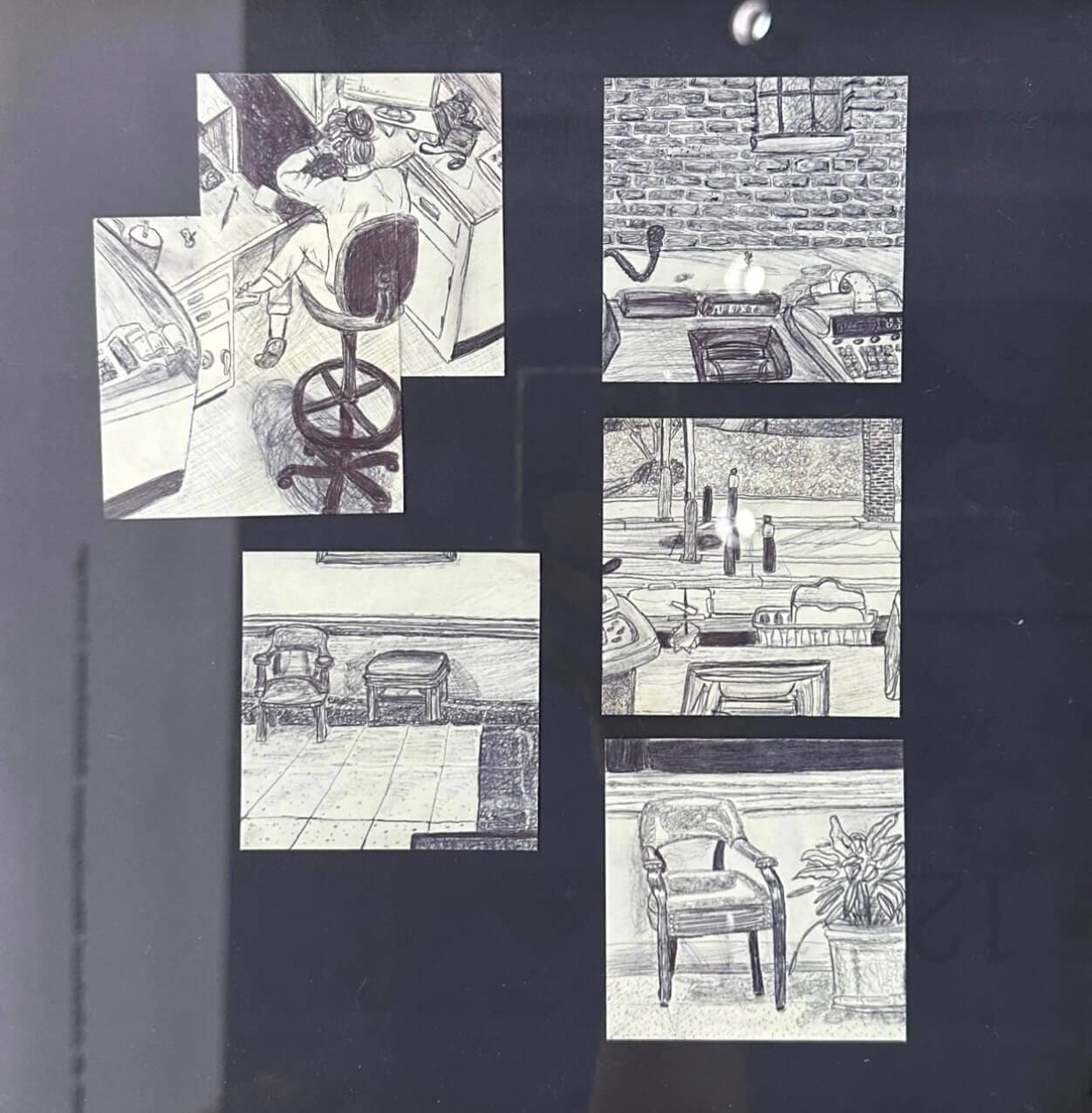 Sticky note doodles showing parts of an office